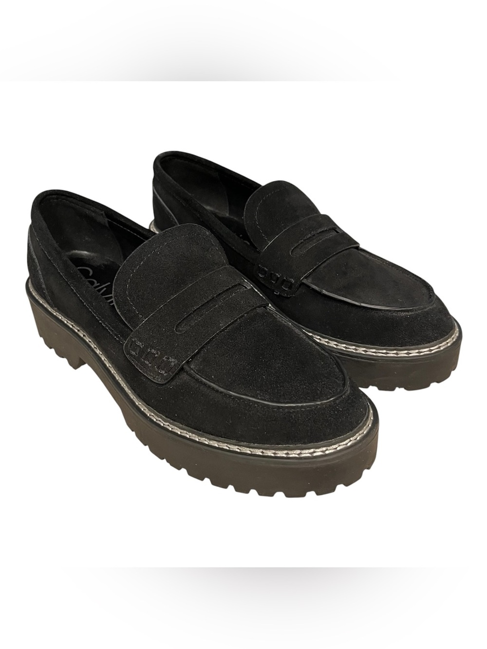 Calvin Klein Suzie Black Suede Womens Sz 8.5 Lug Sole Penny Loafers EUC